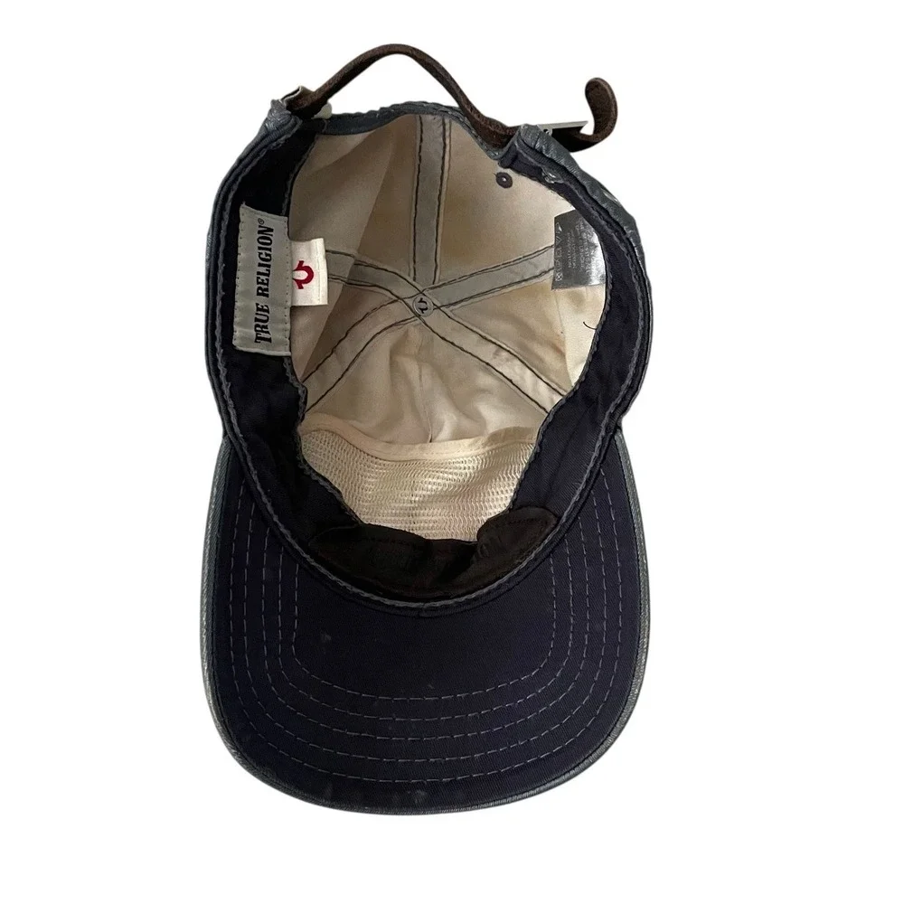 True Religion Men's Adjustable Leather Strapback Distressed Thick Stitch Hat Cap